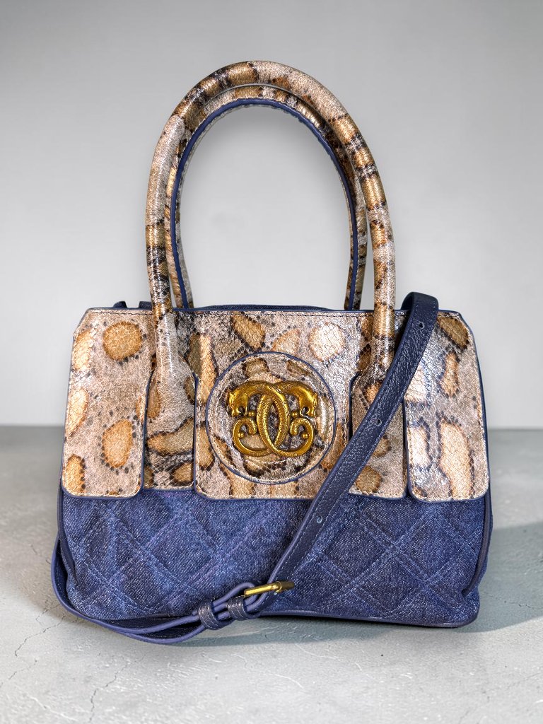 Sharif Legacy Denim And Snake Embossed Top Handle Crossbody - Sample Bag